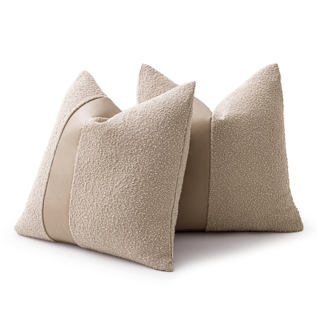 18"x18" Charcoal Black Boucle Throw Pillow Covers with Faux Leather Accents Set of 2 Fluffy Textured Decorative Pillow Cases for Couch Bed Boho Farmhouse Square Cushion Covers for Nordic Home