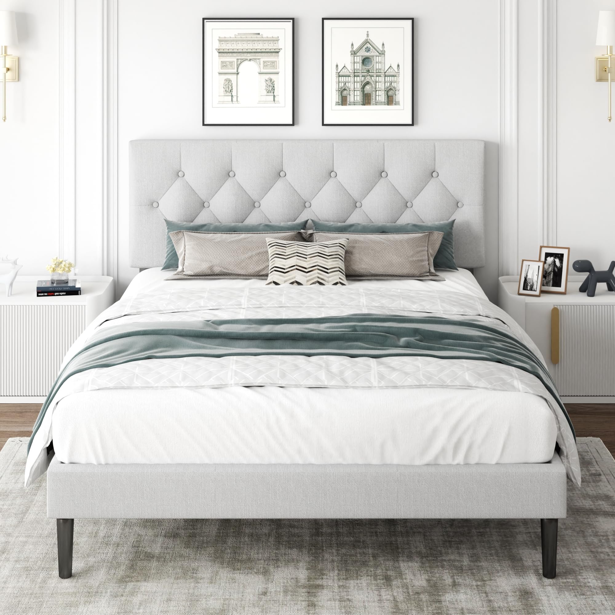CXVX Full Size Platform Bed Frame with Upholstered Headboard, Button Tufted Design, Strong Wooden Slats, No Box Spring Needed, Easy Assembly, Noise Free
