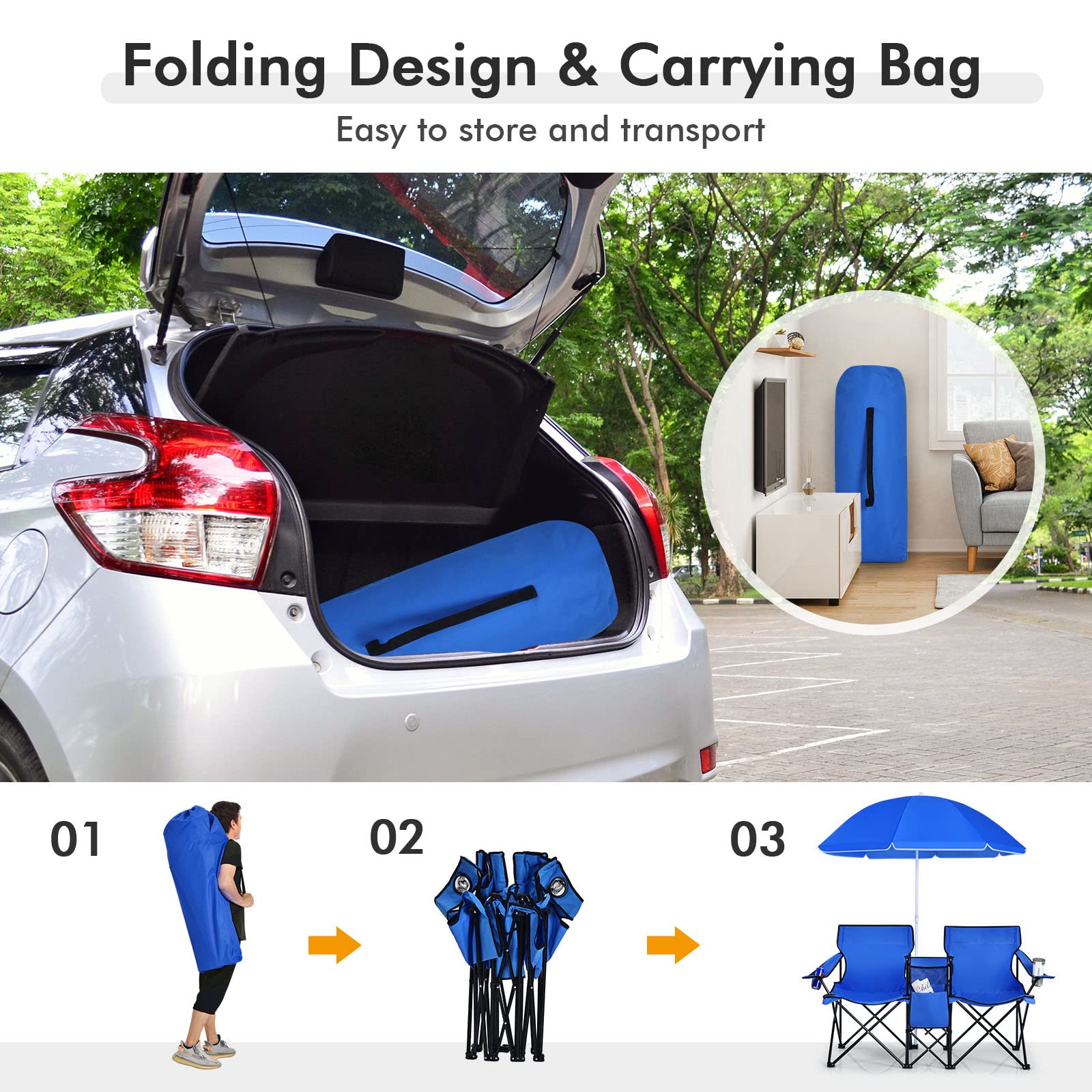 COSTWAY Double Portable Picnic Chairs, Folding Camping Chairs w/Detachable Umbrella, Cooler Bag, Cup Holders, Patio Beach Camping Chairs for Outdoors