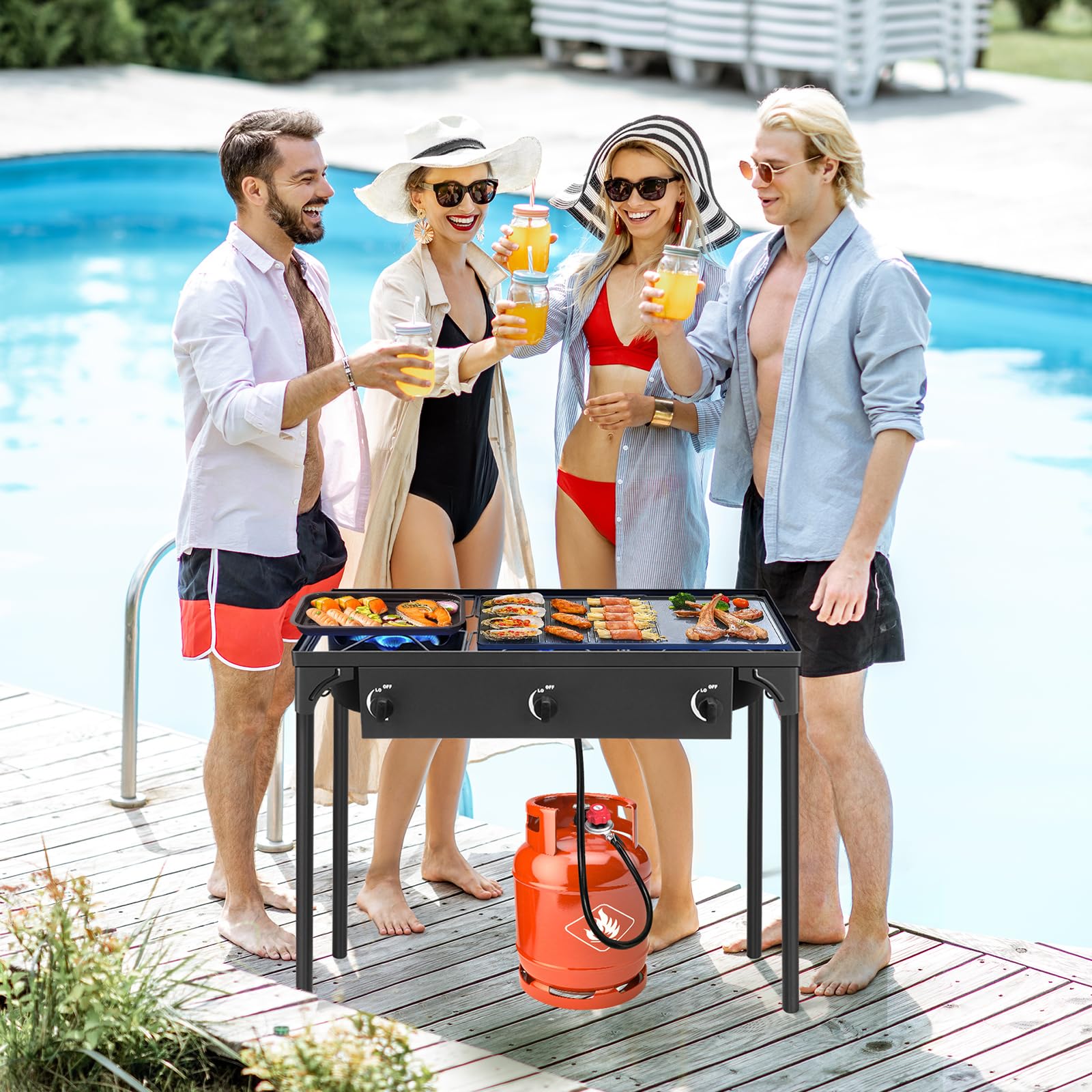 Outvita 2 Burner Propane Gas Stove for Outdoor Cooking, 150,000 BTU Camping Cooker with Removable Legs, Temperature Control Knobs for Backyard Cooking, BBQ, Baking and Frying