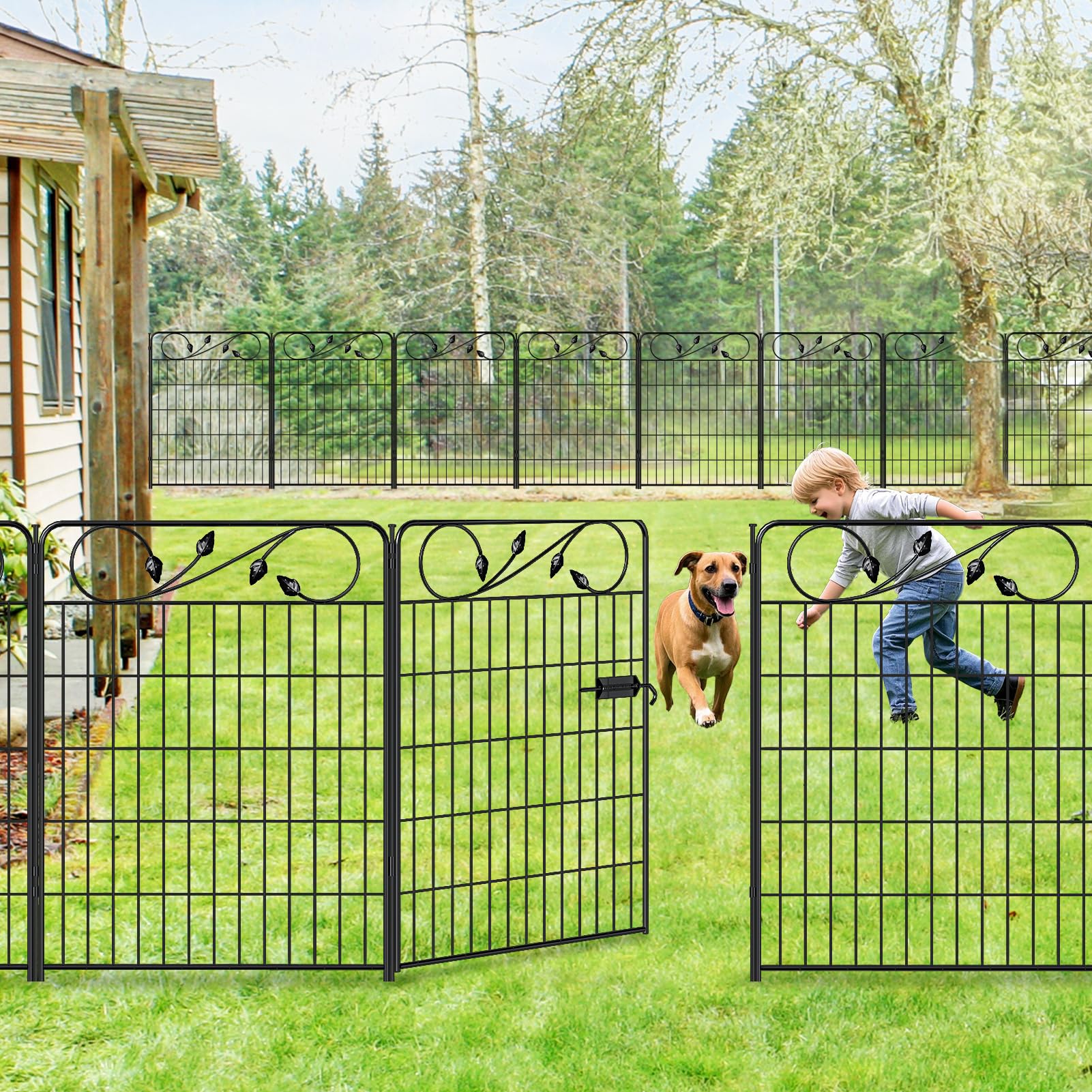 FOREHOGAR Decorative Metal Garden Fence 24in(H) X10ft(L) 5 Panels Leaf Black Rustproof Wire Border Fence for Landscape Patio Flower Bed Garden Fencing Panel Animal Barrier for Dogs