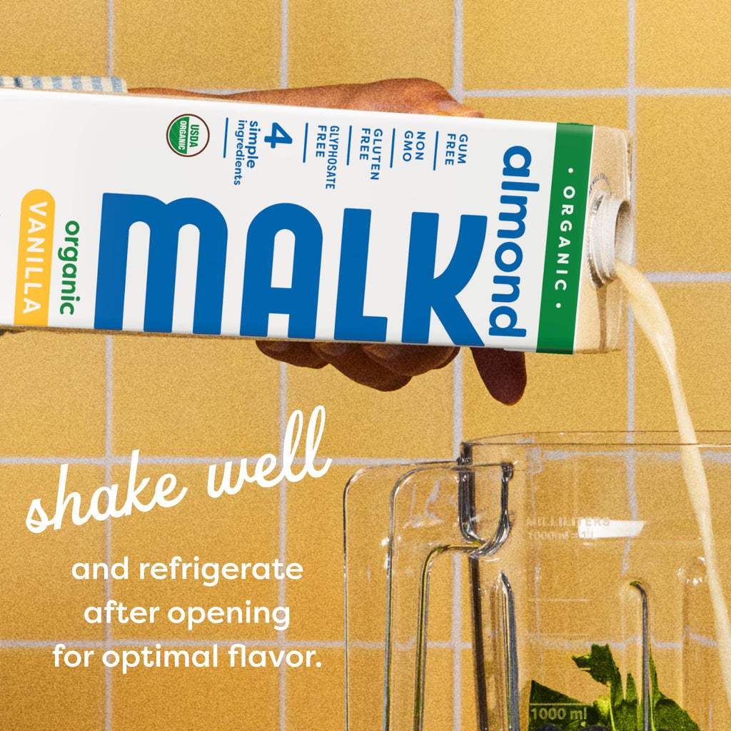 MALK Almond Milk Unsweetened (32oz, Pack of 6) - Shelf Stable Organic Almond Milk, Non GMO, Whole 30, Dairy Free, Vegan, Plant Based, No Gums or Fillers - Malk for Smoothies, Cereal, Coffee,Creamer