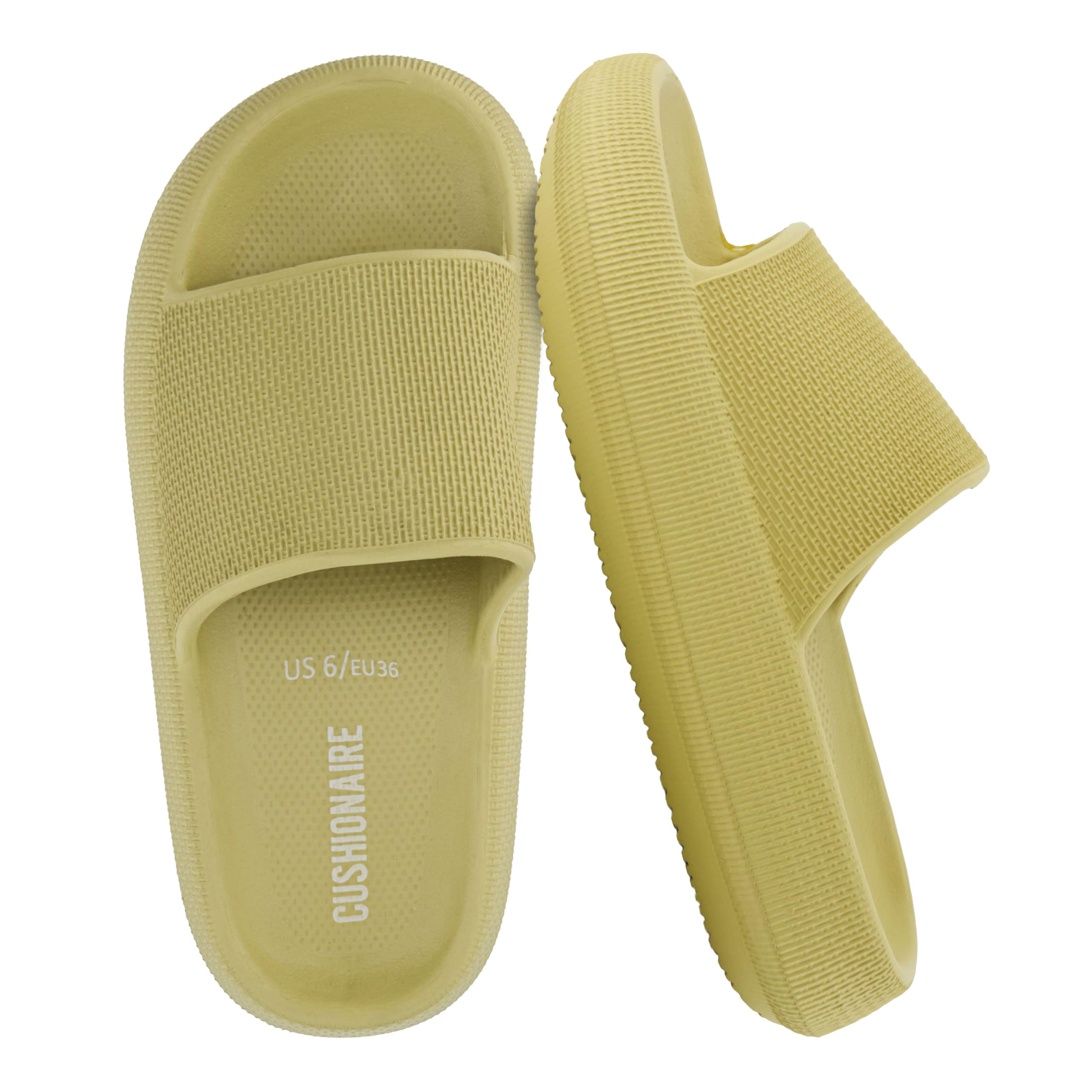 CUSHIONAIRE Feather EVA Slides for Women – Comfortable Slip On Womens Slippers, Indoor Outdoor Shower Shoes, Beach Essential Cloud Slides