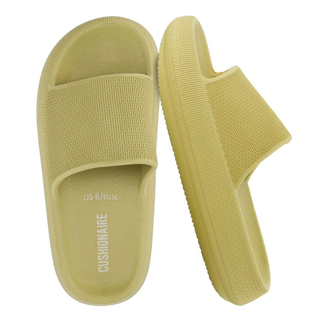 CUSHIONAIRE Feather EVA Slides for Women – Comfortable Slip On Womens Slippers, Indoor Outdoor Shower Shoes, Beach Essential Cloud Slides