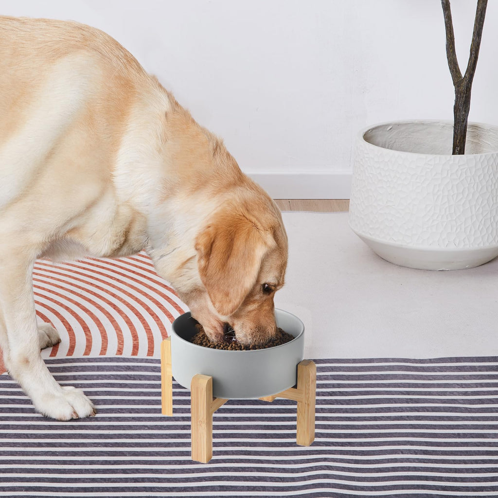 6'' Ceramic Raised Dog Bowl - 30Oz Dog Food & Water Bowl with Elevated Non-Slip Bamboo Stand, Dishwasher & Microwave Safe, Anti Vomiting Heavy Duty Pet Bowl for Small and Medium Dogs, Black