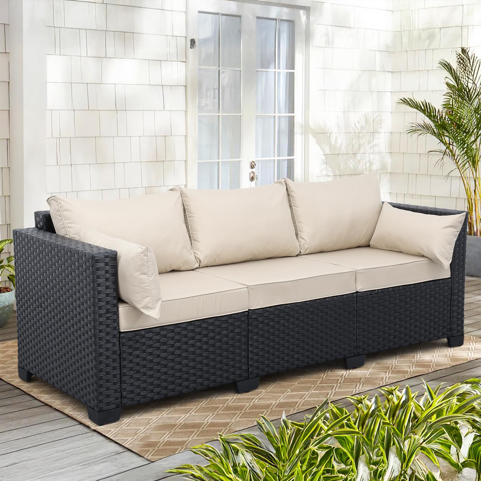 Rattaner Outdoor Furniture Outdoor Couch Patio Furniture 3-seat Sofa Deep Seat High Backrest with Waterproof Cover and Anti-Slip Cushions, Light Grey