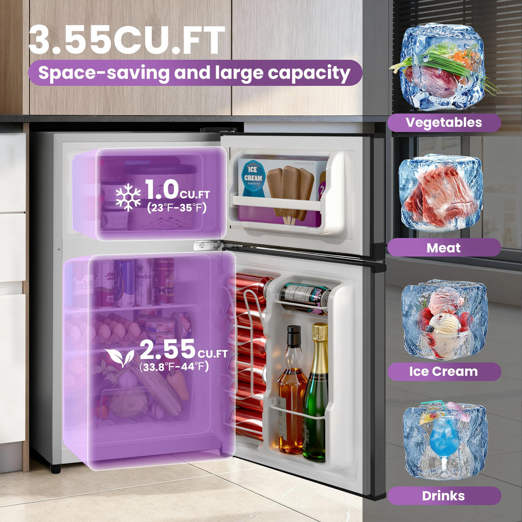 Tehanld 3.6 Cu.Ft Double Door Mini Fridge with Freezer, Compact Refrigerator with Removable Shelves, Low Noise Small Fridge for Dorm, Bedroom, Office and Apartment, Black