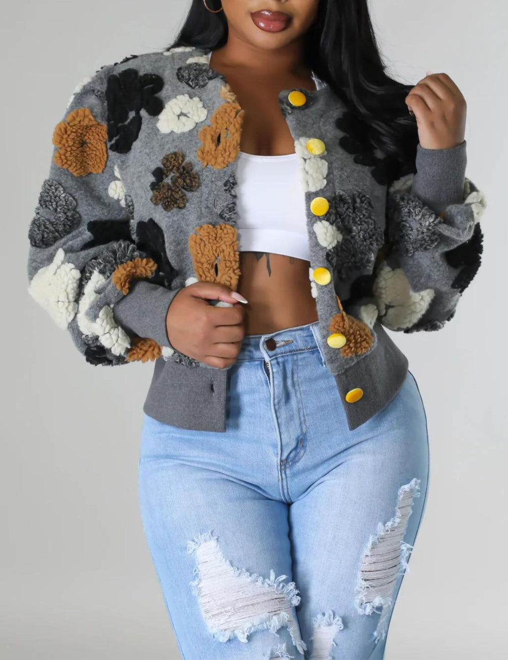 Womens Cropped Floral Print Jacket Warm Fleece Bomber Jacket Casual Button Down Coats Fall Puff Outerwears