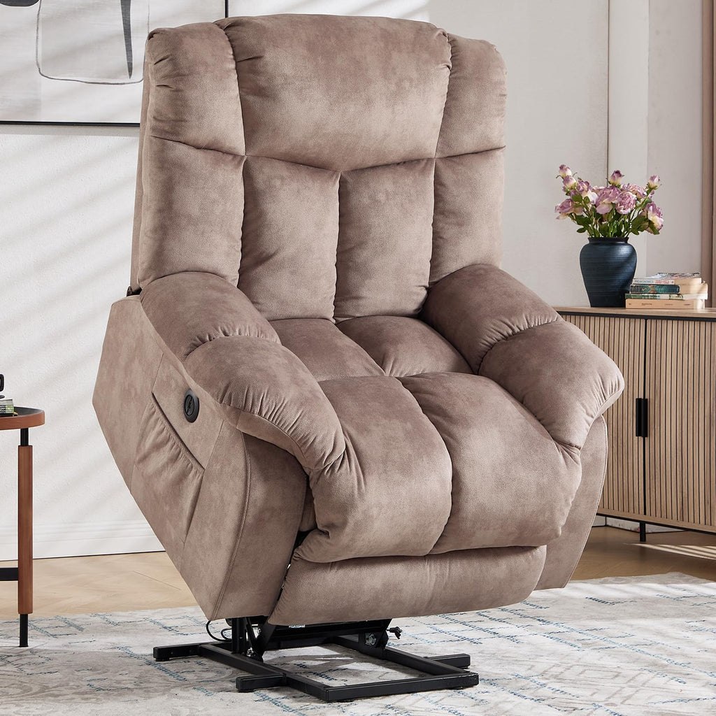 CANMOV Dual Motor Power Lift Recliner Chair for Elderly, 27" Extra-Wide Seat 450 lbs Weight Capacity Infinite Position Adjustment, with Heated Massage, Cup Holders and USB Port, Camel Fabric