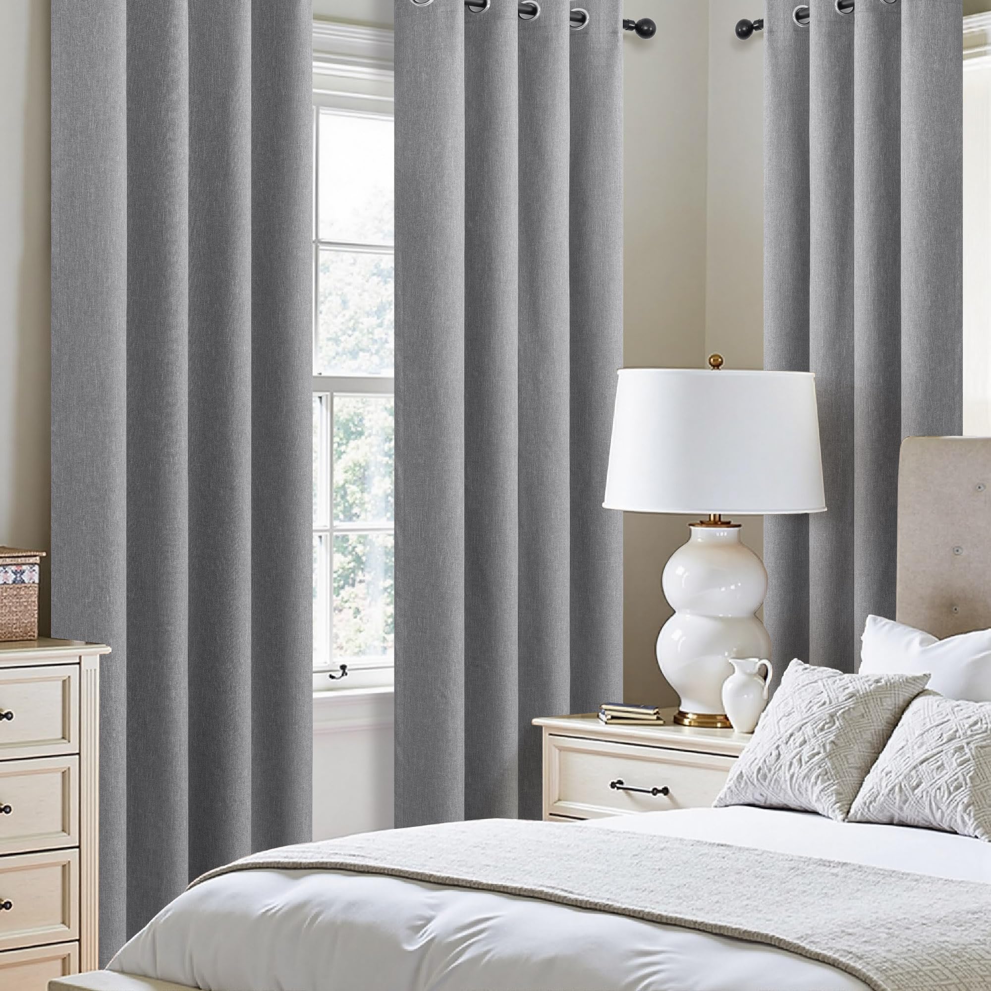 Short Small Linen Blackout Curtains 54 Inch Length 2 Panels Set for Bedroom Living Room Grommet 100% Black Out Linen Drapes Room Darkening Window Curtains 54 Inches Long Dark Gray