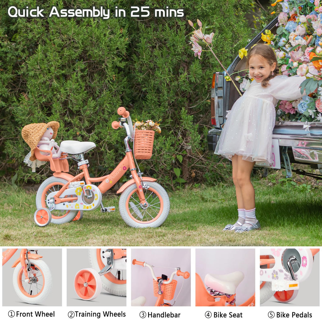Glerc Maggie Girls Bike, 12-20 Inch Kids Bike for 2-13 Years Old Children, Princess Style Kids Bicycle with Doll-Seat & Basket & Training Wheels, Multiple Colors