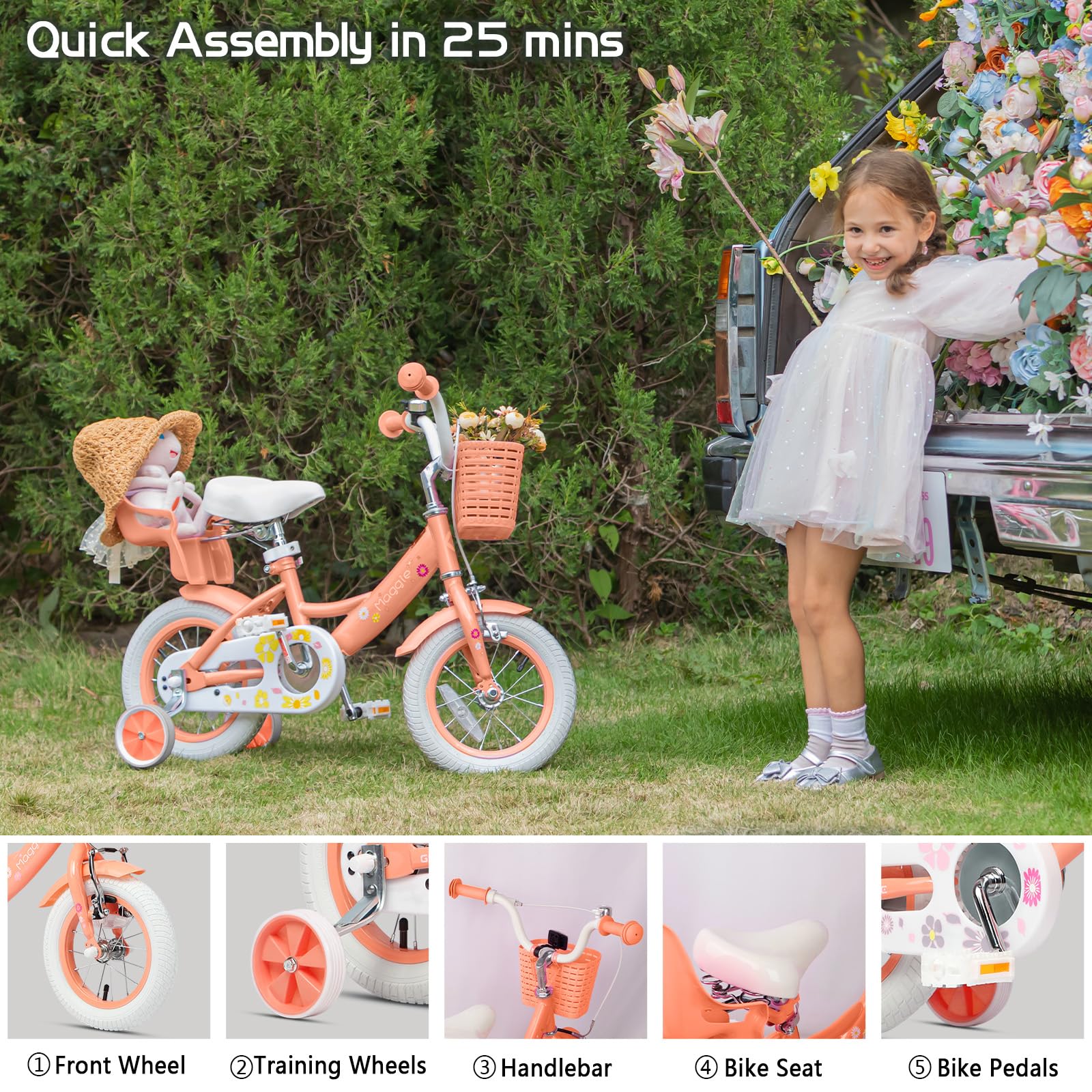 Glerc Maggie Girls Bike, 12-20 Inch Kids Bike for 2-13 Years Old Children, Princess Style Kids Bicycle with Doll-Seat & Basket & Training Wheels, Multiple Colors