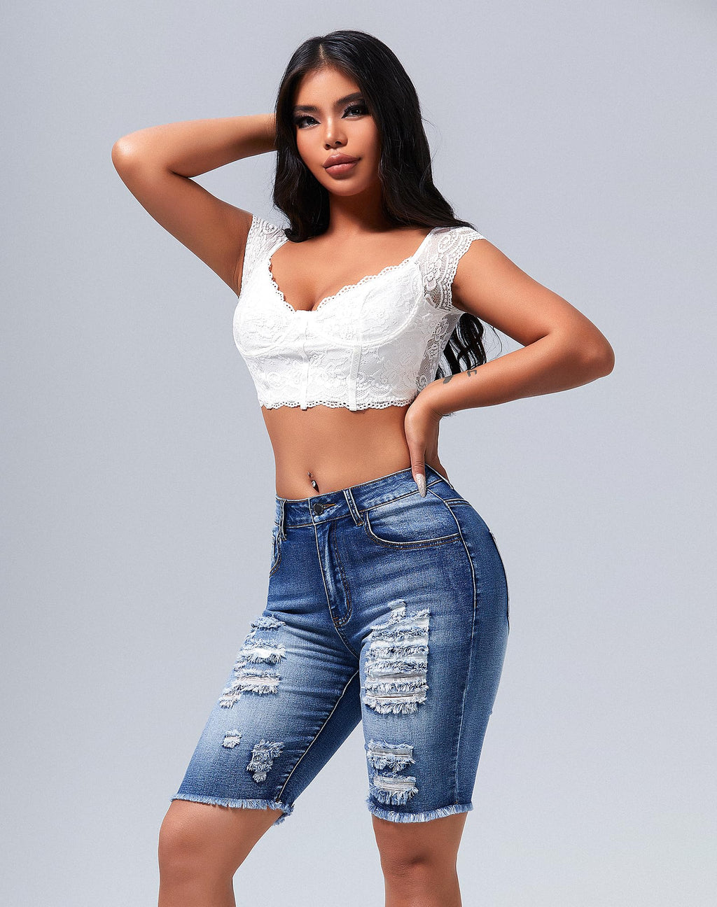 roswear Womens Ripped Stretchy Long Jean Shorts Mid Rise Frayed Cut Off Bermuda Shorts