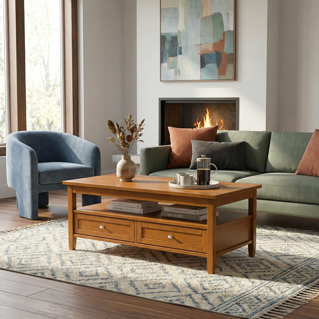 SIMPLIHOME Warm Shaker Coffee Table - 48 inch Wide Solid Wood Coffee Table in Black, Transitional Living Room Table with 2 Drawers, Open Shelf, Shaker Fronts and Tapered Legs