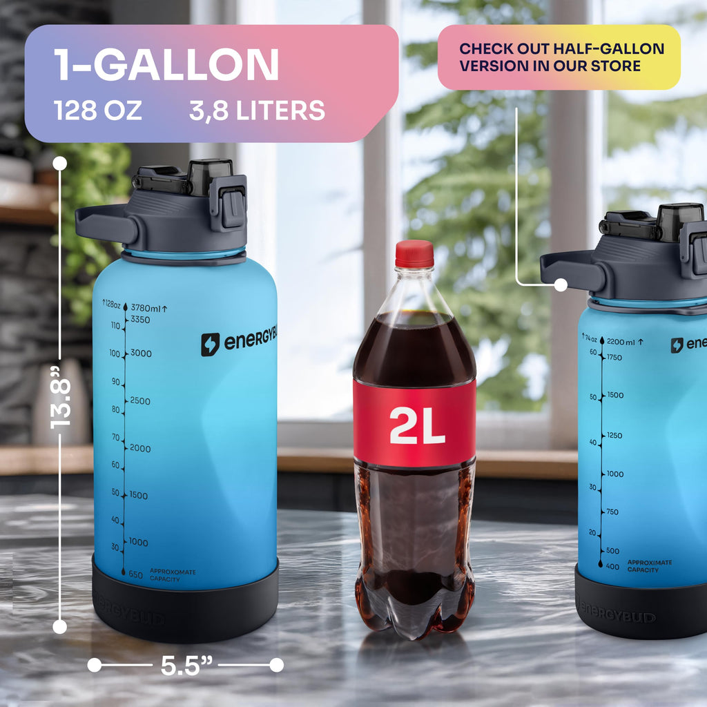 1/2 Gallon Water Bottle with 74.3 oz Capacity - Motivational Time Markers for Daily Hydration Goals - Leakproof BPA Free Tritan with Removable Straw