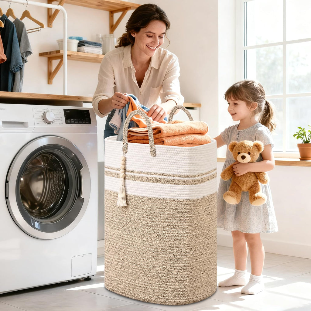 Woven Laundry Basket for Clothes, 50L Large Rectangle Laundry Hampers with Beads Tassel, Nursery Storage Basket for Toys, Tall Dirty Clothes Hamper for Bedroom Aesthetic, Laundry Room Organization