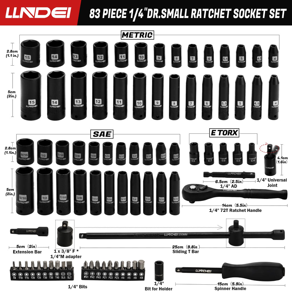 LLNDEI 1/2 inch Drive Deep Impact Socket Set, 37 Piece Standard SAE 3/8" to 1-1/4" | Metric 8 to 24mm, Includes Spark Plug Socket (16, 21mm), CR-MO Universal Joint, Extension Bars and Adapter