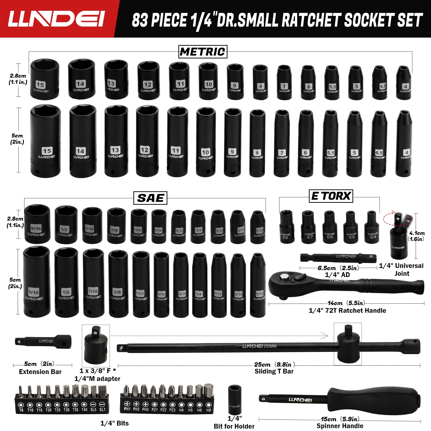 LLNDEI 1/2 inch Drive Deep Impact Socket Set, 37 Piece Standard SAE 3/8" to 1-1/4" | Metric 8 to 24mm, Includes Spark Plug Socket (16, 21mm), CR-MO Universal Joint, Extension Bars and Adapter