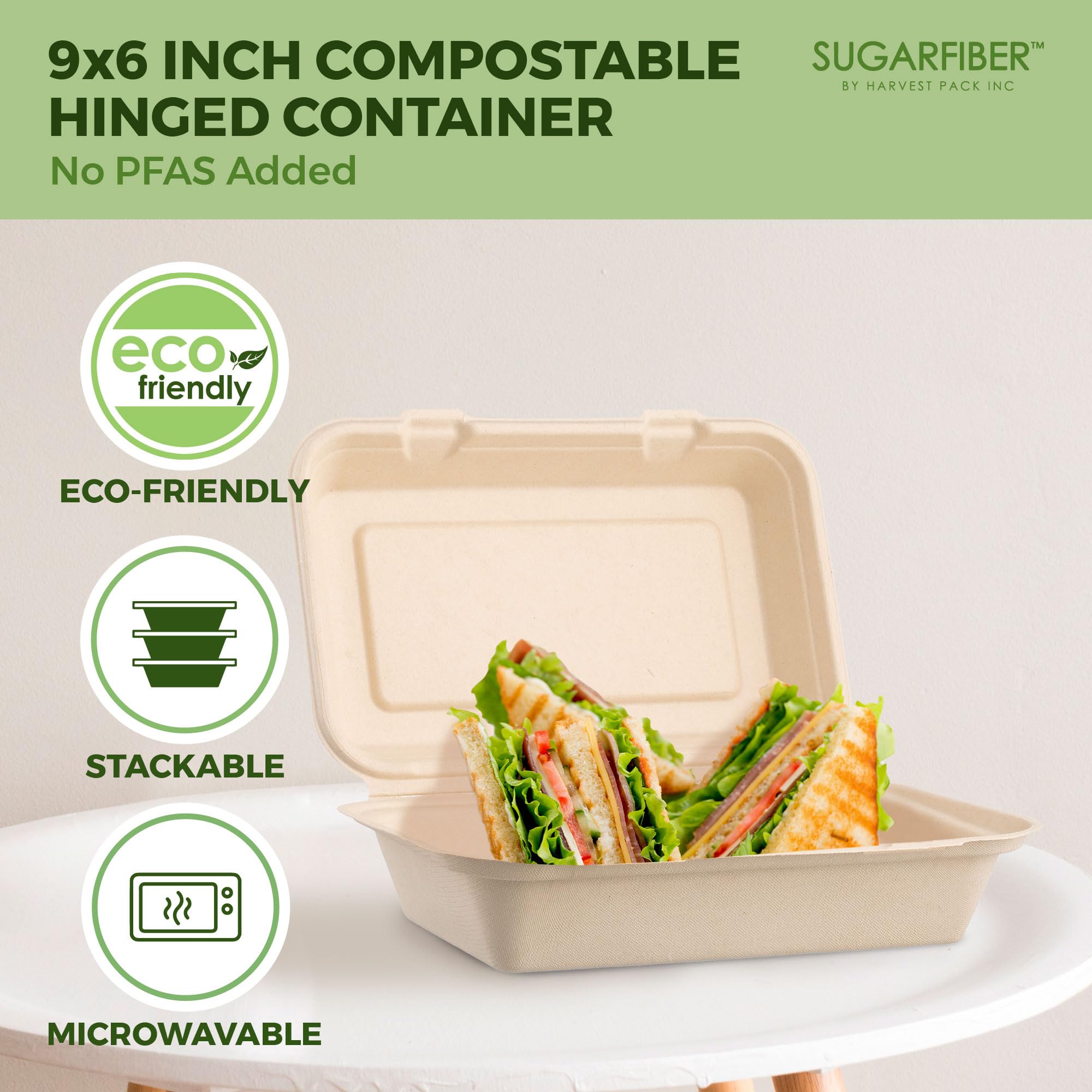 [50 COUNT]Harvest Pack 6 X 6" Compostable Clamshell Take Out Food Containers, PFAS FREE Square To go Containers with Lids, Heavy-Duty Disposable Bagasse Bento Cake Box, Eco-Friendly Sugarcane Fibers