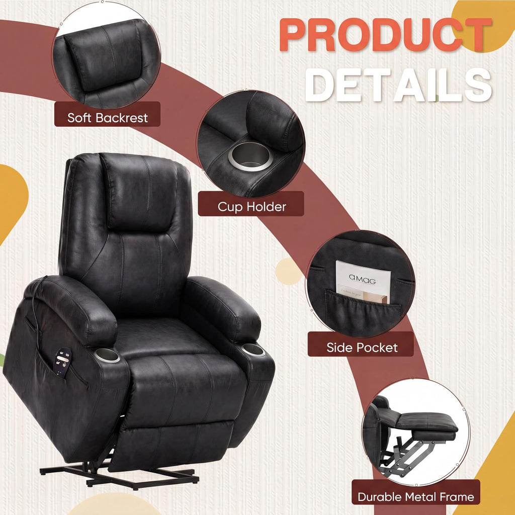 Furmax Electric Power Lift Recliner Chair with Massage for Elderly Corduroy Fabric Recliner Single Sofa with Cup Holders, Side Pockets and Remote Control for Living Room Bedroom (Leathaire, Brown)