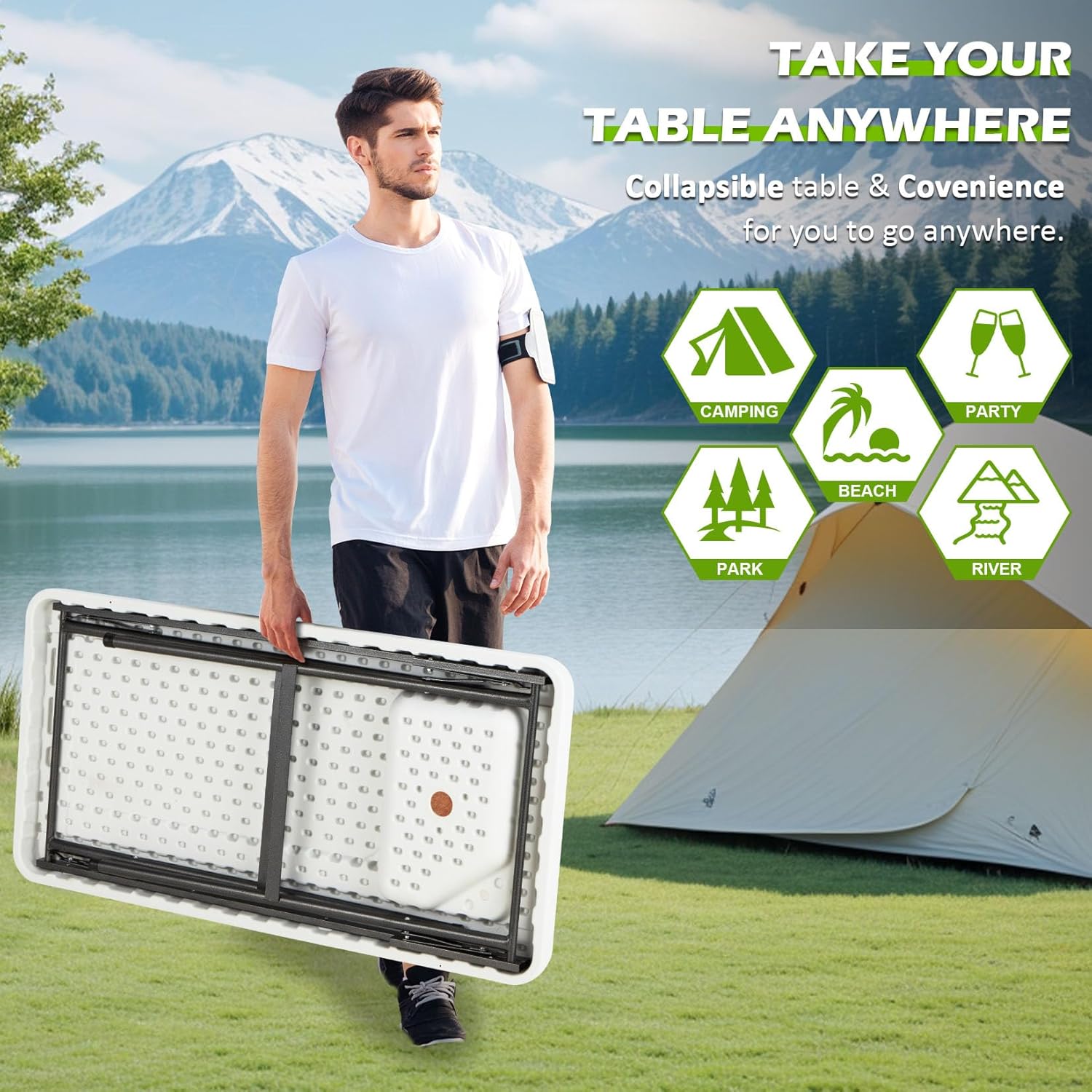 Folding Fish Cleaning Table with Collapsible Bucket, Portable Outdoor Fillet Station Camping Sink Table with Faucet, Drainage Hose & Sprayer, Grid Rack, Knife Groove for Picnic Fishing
