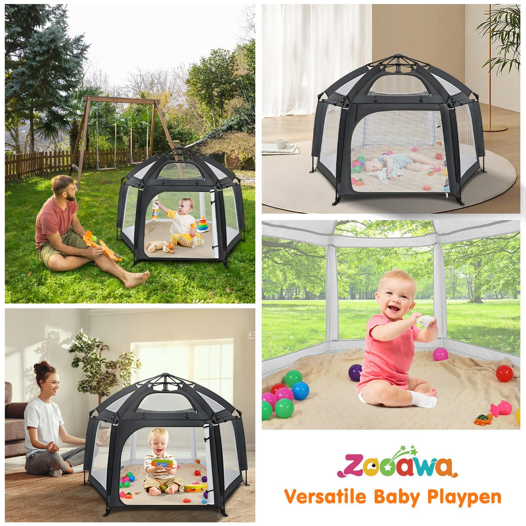 Pop Up Playpen for Baby, Portable Playpen for Babies and Toddlers with Removable Sun-Shades& 2 Side UV Covers, Lightweight Outdoor Baby Play-Pen for Beach Home with Travel Bag, Beige