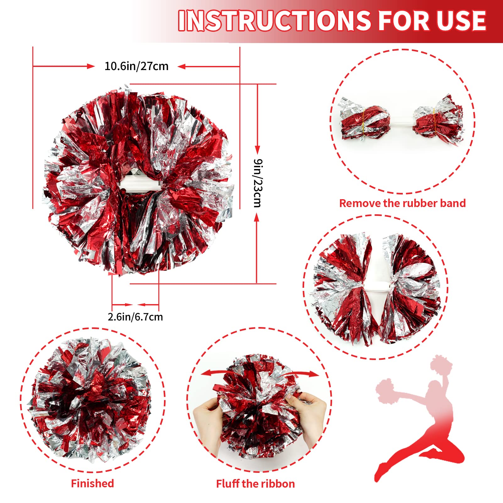 4Pcs Metallic Cheerleading Pom Poms, Creatiee 2 Pair Cheerleader Cheering Squad Pompoms for School Sports Dance Games Team Spirit Cheer