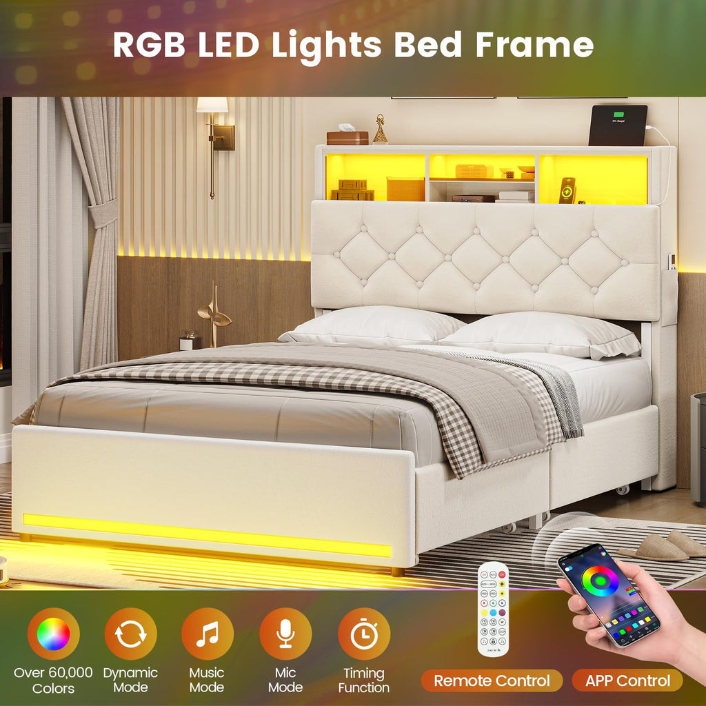 BTHFST Twin Bed Frames with Headboard & 4 Drawers, LED Bed Frame Twin with Charging Station, Upholstered and Metal Twin Bed with Storage, No Box Spring Needed, Black PU