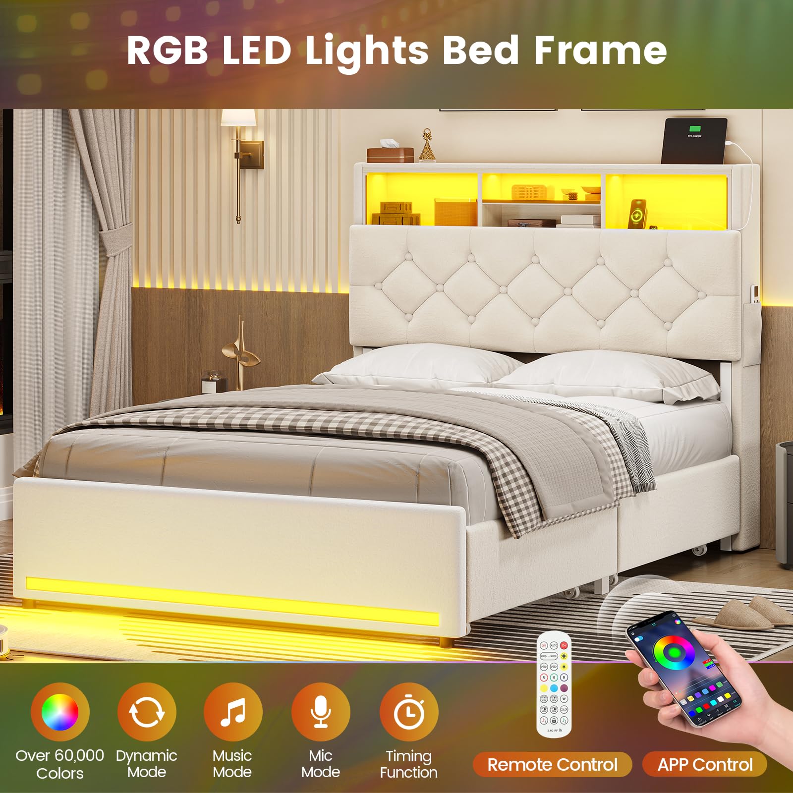BTHFST Twin Bed Frames with Headboard & 4 Drawers, LED Bed Frame Twin with Charging Station, Upholstered and Metal Twin Bed with Storage, No Box Spring Needed, Black PU