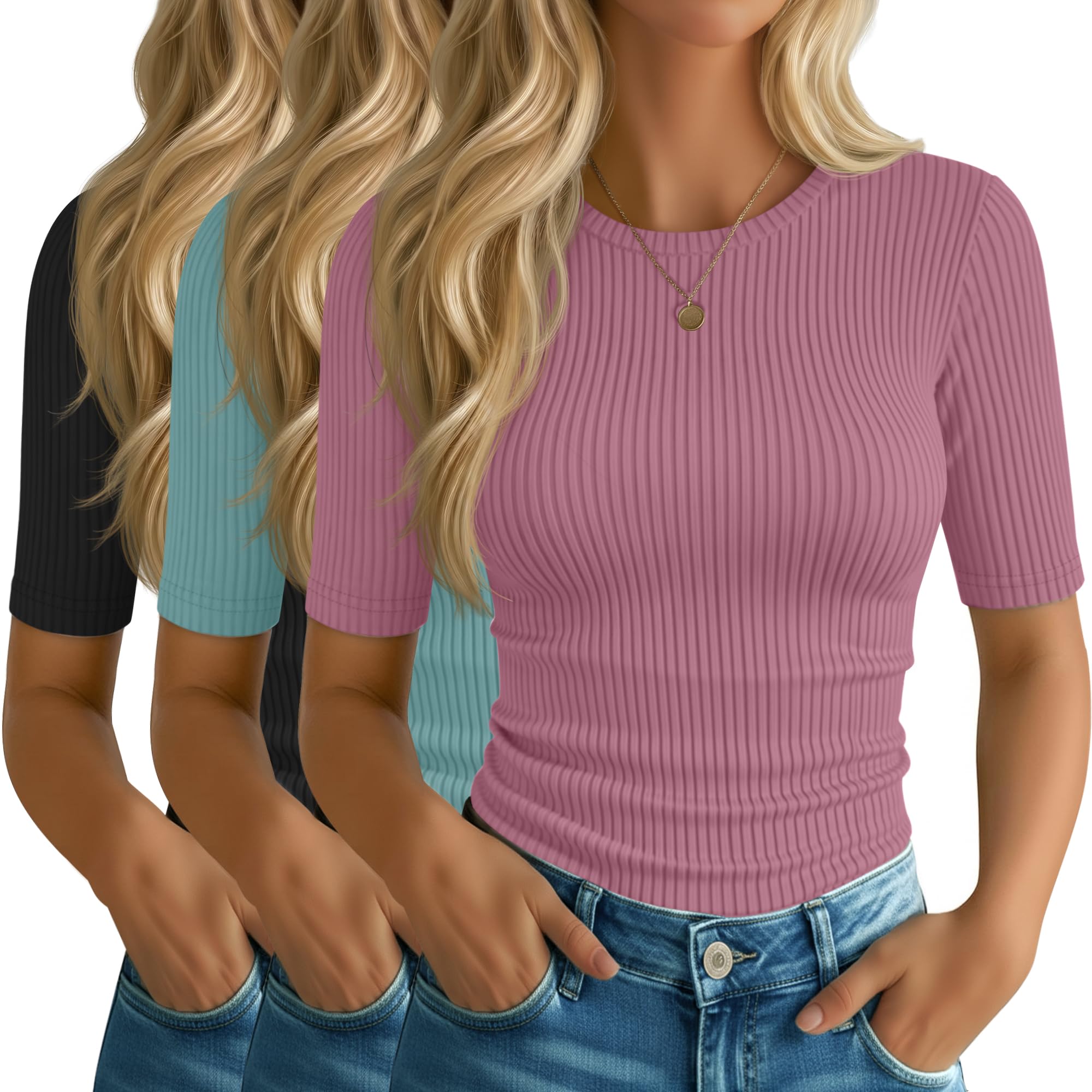 Riyiper 3 Pack Women's Elbow Length Tops, Half Sleeve Ribbed Cotton T Shirt Crew Neck Summer Tee Slim Fit Casual Blouses