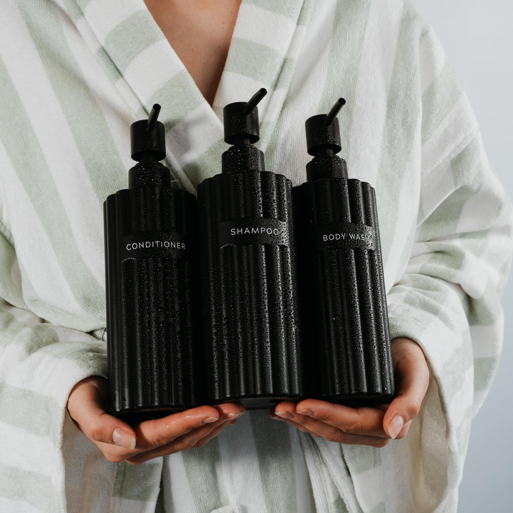 Stylish Shampoo and Conditioner Dispenser Set of 3 - Modern 19oz Shower Soap Bottles with Pump and Labels - Easy to Refill Body Wash Dispensers for an Instant Bathroom Decor Upgrade