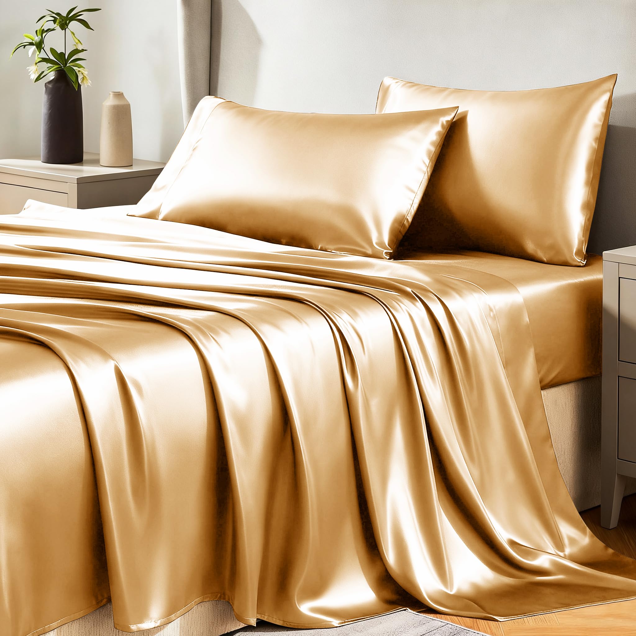 CozyLux Satin Sheets Twin Sheet Set - Silky Soft Bedding Similar to Silk, 3 Piece Sheets for Hair and Skin, Deep Pocket with All-Around Elastic, Home Decor for Bedroom, Black