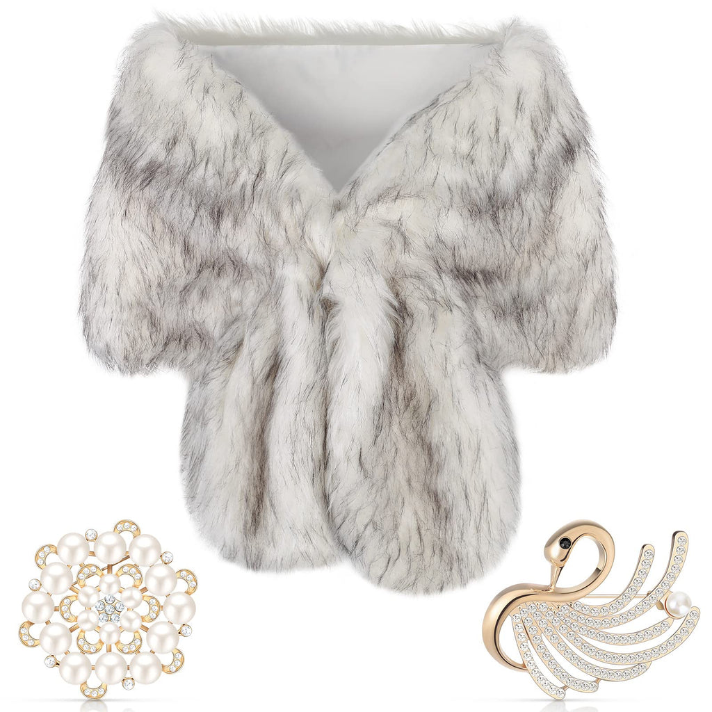 Geyoga Faux Fur Shawl Wrap Stole Shrug Winter Bridal Wedding Scarf Wrap with Faux Pearl Rhinestone Brooches for Women 1920s