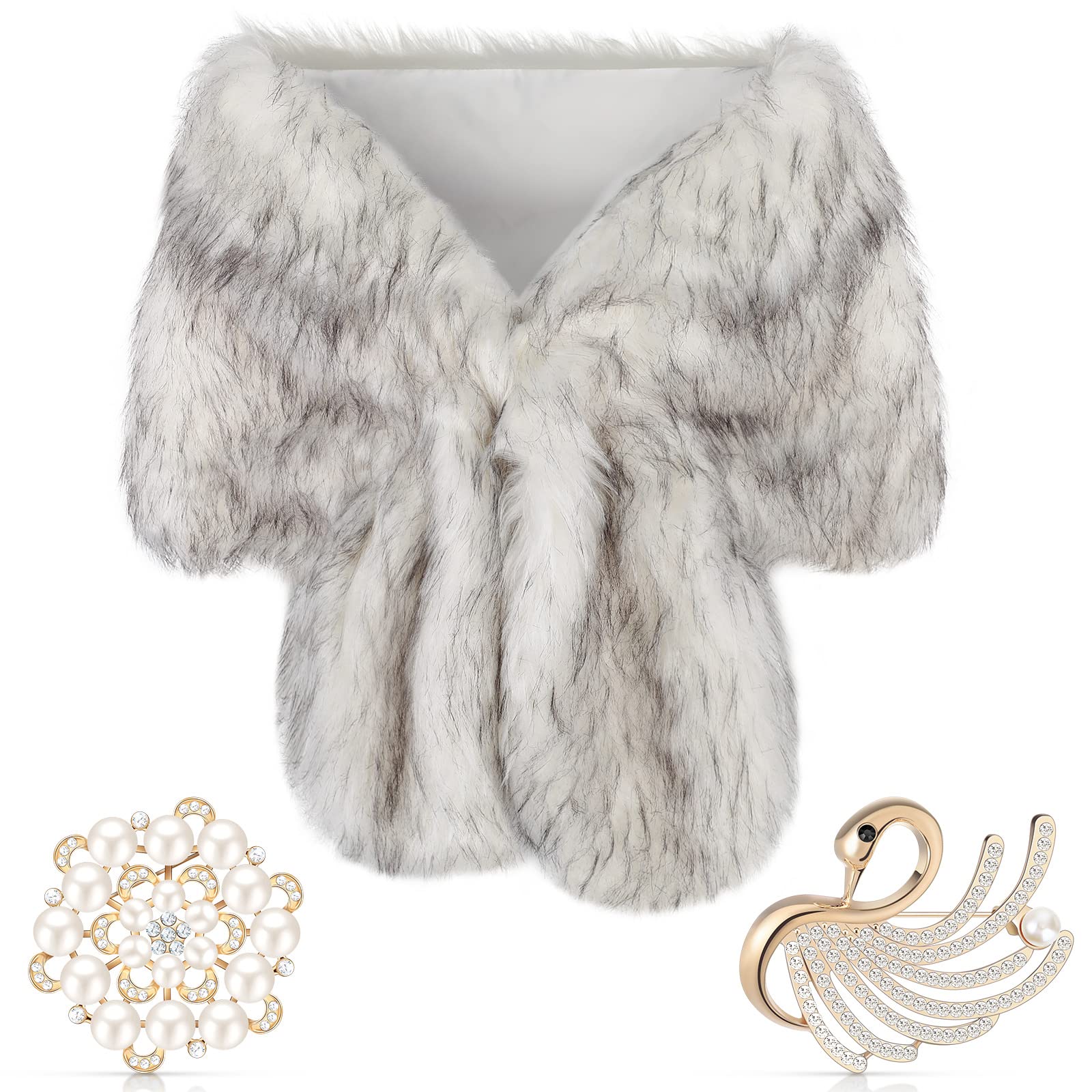 Geyoga Faux Fur Shawl Wrap Stole Shrug Winter Bridal Wedding Scarf Wrap with Faux Pearl Rhinestone Brooches for Women 1920s