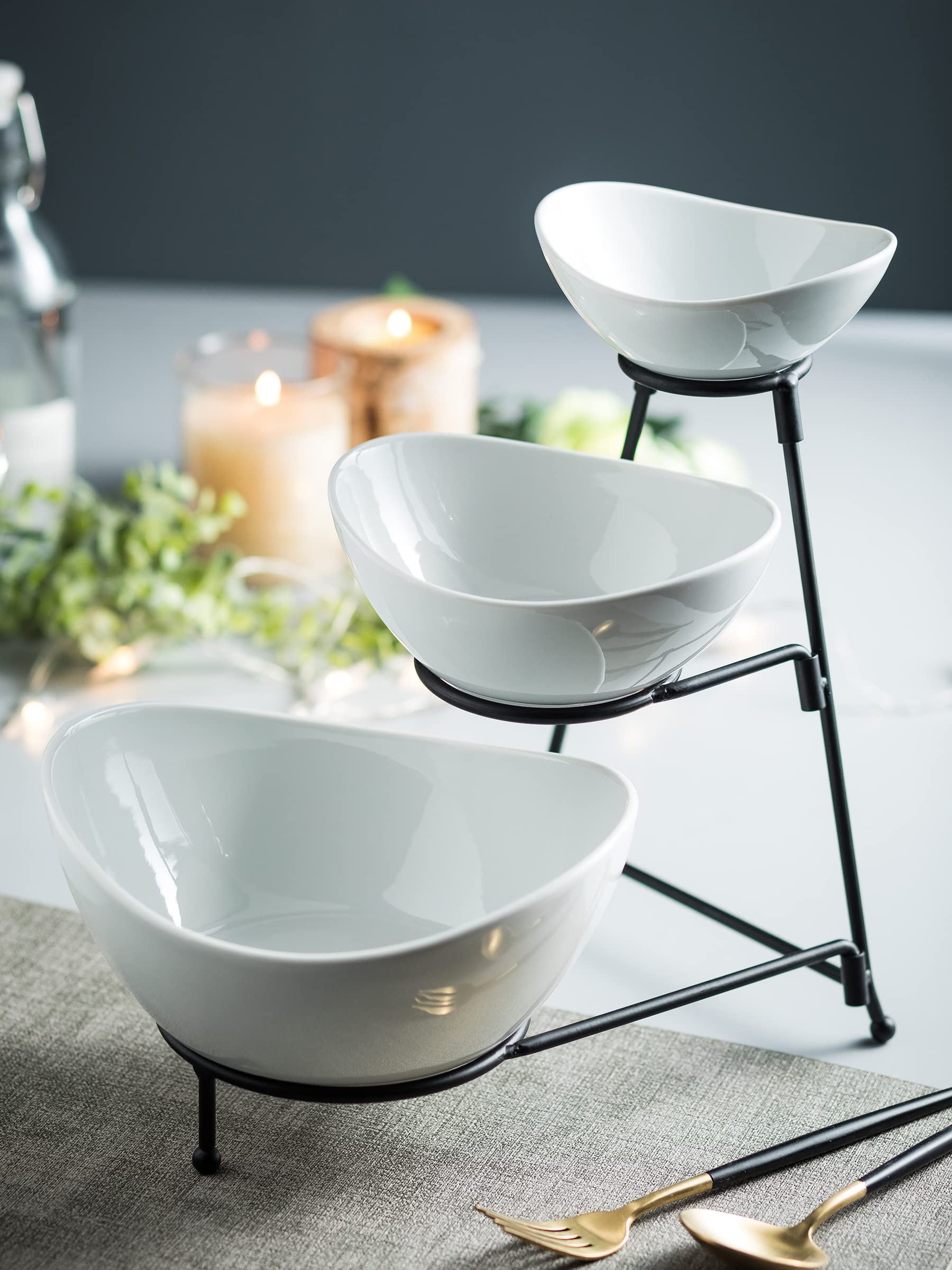Miamolo 3 Tier Serving Bowls with Stand for Entertaining Party | Ceramic, Chip and Dip Set | Food Display for Fruit Salad Snacks | Space-saving Storage | Microwave & Dishwasher Safe