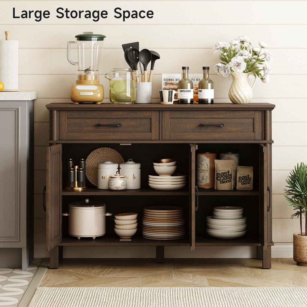 ONBRILL 48 Inches Buffet Cabinet with Storage, Farmhouse Sideboard Buffet w/2 Drawers and 3 Doors, Wood Coffee Bar Cabinet with Adjustable Shelves, Sideboard Storage for Kitchen, Living Room, Black