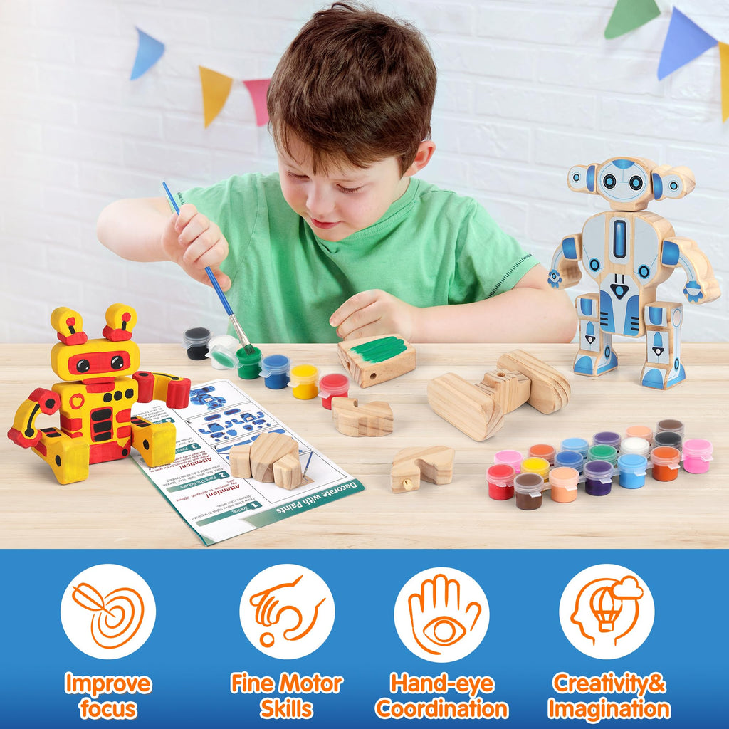 Mocoosy Wooden Dinosaur Painting Art and Craft Kit for Kids 4-8, Build & Decorate Your Own Dinos with Paint & Stickers, Wood Dinosaur Builder Game Montessoi Educational Toy Gift Toddler Boys Girls 3-5
