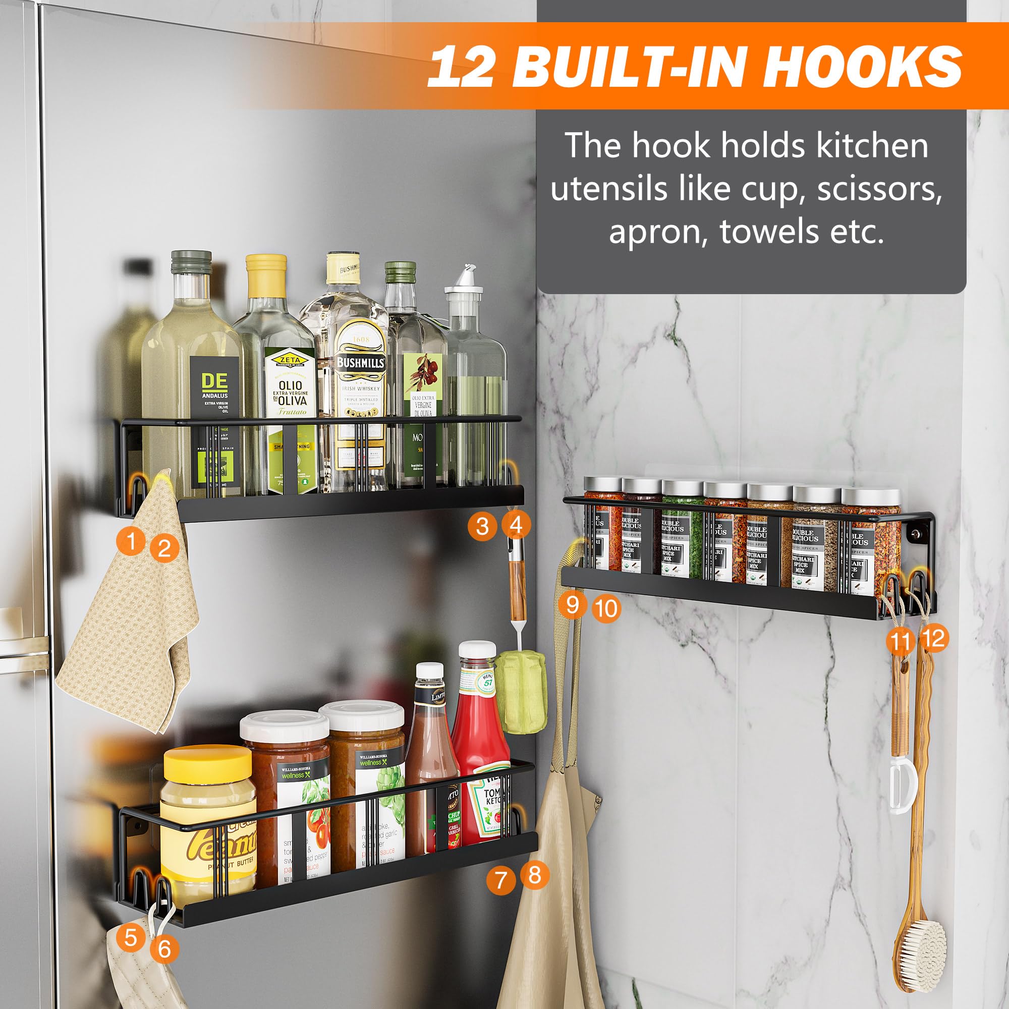 Bunoxea Spice Rack Wall Mounted 2 Pack,RV Spice Rack,Black | 8 Built-in Hooks,2 Versatile Sizes, Space-Saving,Flat Base, Screw or Adhesive, For Kitchen Cabinet, Pantry Door,Stove,RV