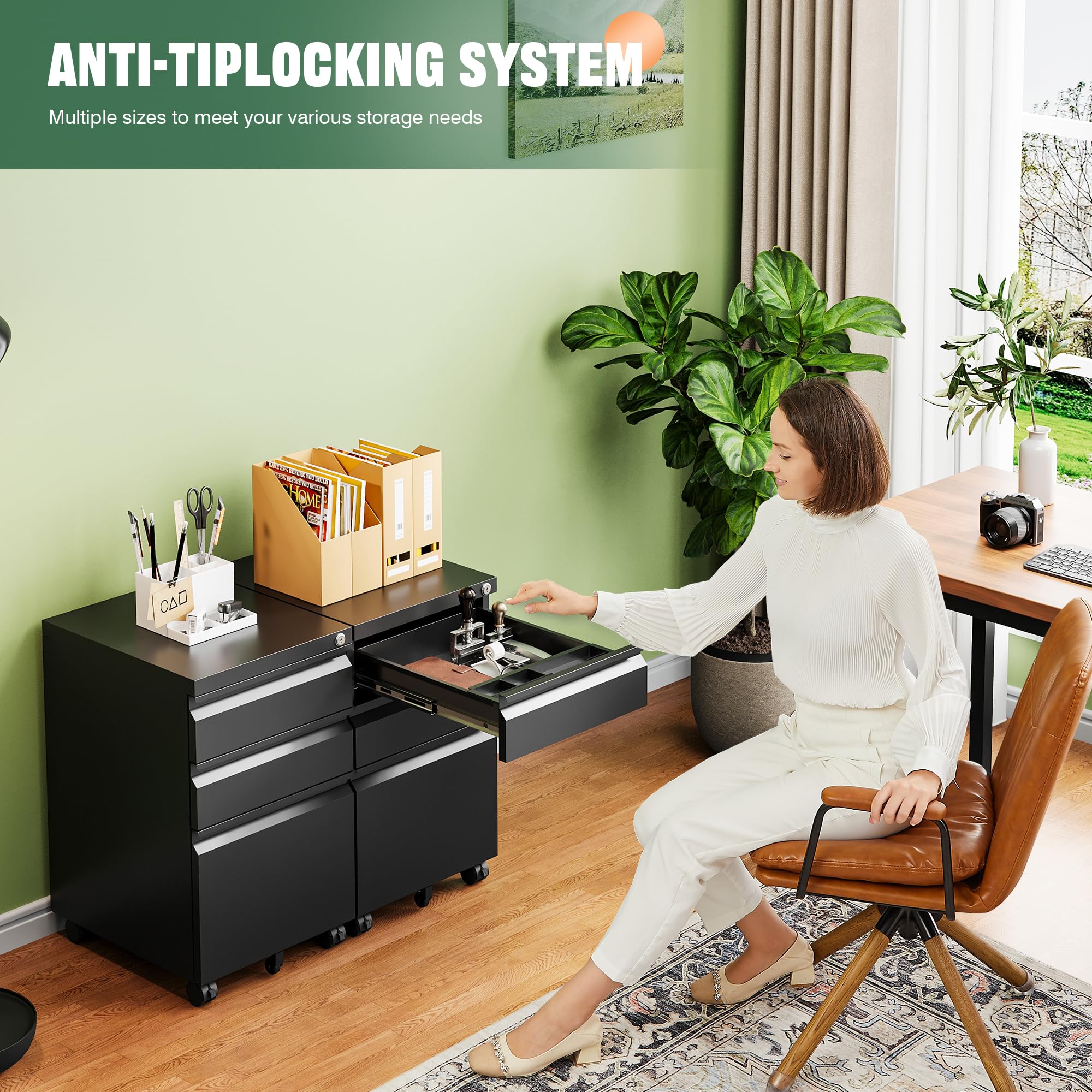 Letaya 3 Drawer Mobile File Cabinet with Lock,Under Desk Metal Small Filing Cabinets for Home Office Organizer Letters/Legal/A4(Fully Assembled Except Wheels-Black)