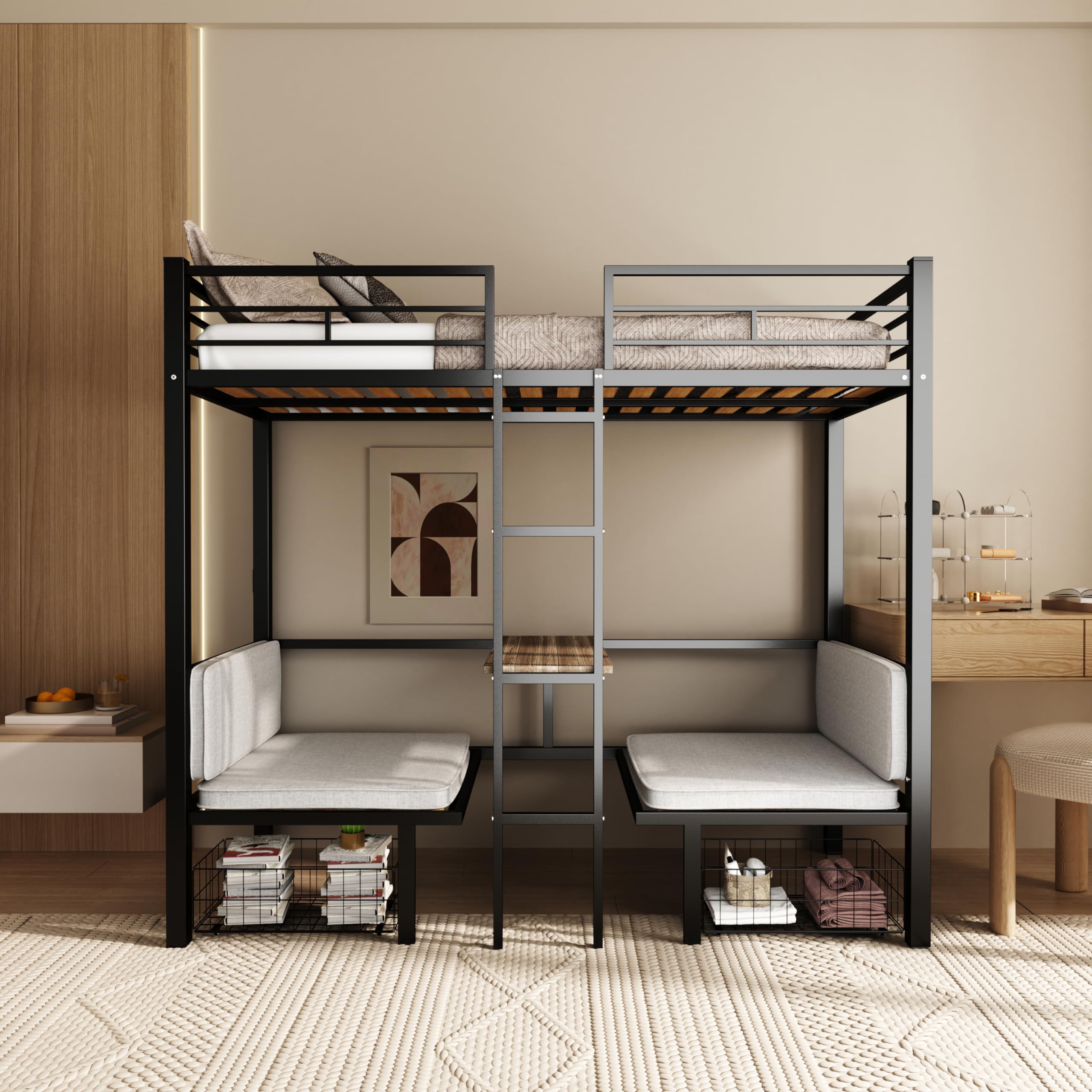 DNYN Twin Size Loft Bed with Desk & Storage Drawers& Table Set for Kids Bedroom,Covertible Twin-Over-Twin Bunkbeds Design,Easy Assemble & Space Saving & No Box Spring Needed,for Small Space, Black
