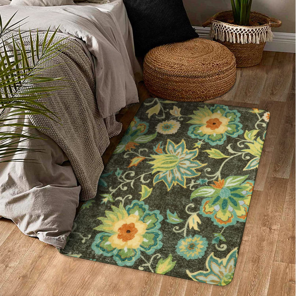 Lahome Floral Washable Area Rugs - 2x3 Non-Slip Small Entryway Rug Indoor, Throw Stain Resistant Kitchen Rugs Soft Black Paisley Print Bathroom Mats DoorMat Carpet for Bedroom Laundry Living Room Sink