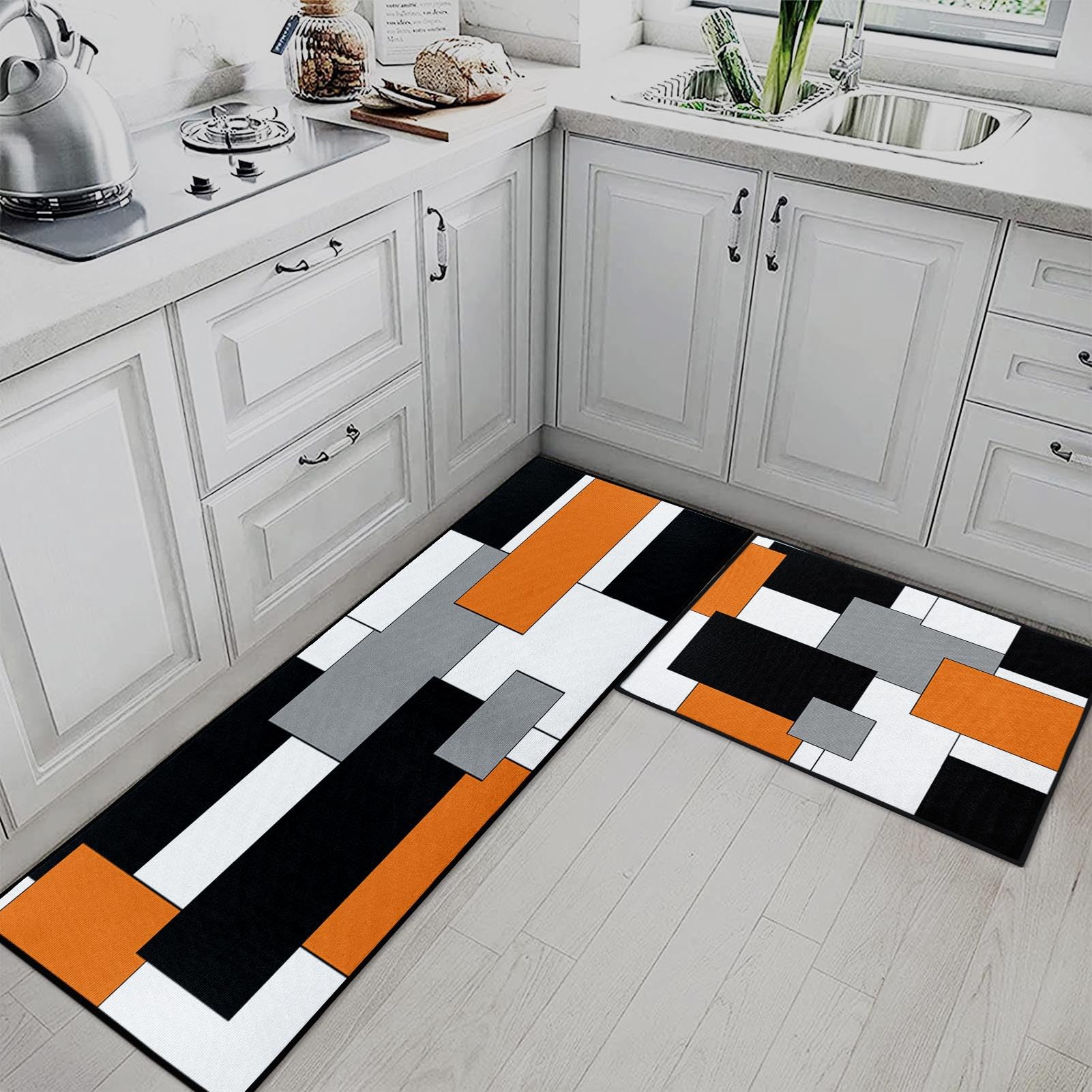 Blue Kitchen Rugs and Mats Non Skid Washable Set of 2, Grey White Modern Abstract Mats for Floor, Geometric Painting Runner Rug Graffiti Art Kitchen Decor