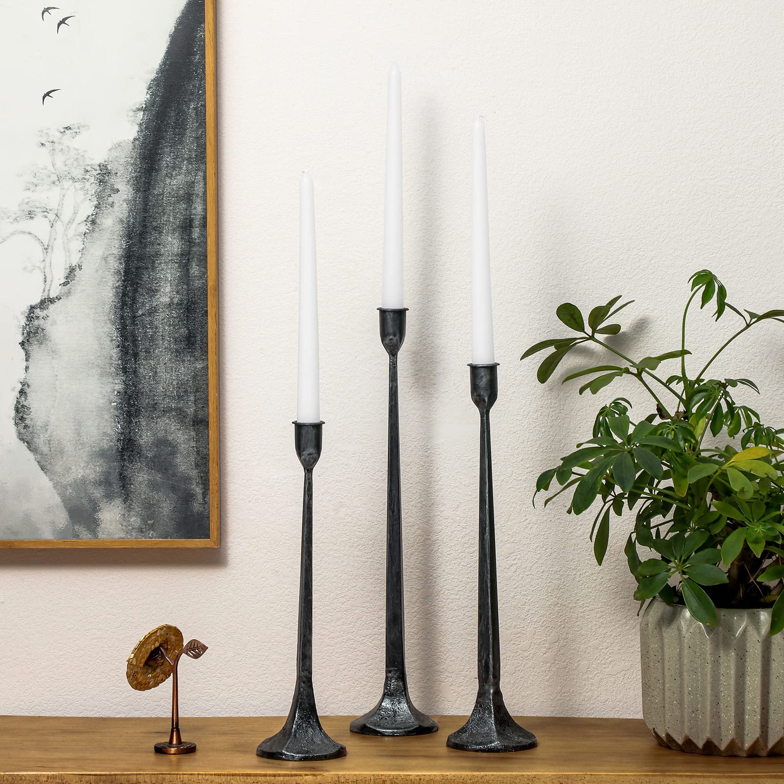 Iron Taper Candle Holder Set of 3 - Decorative Tall Candle Stand, Candlestick Holder for Wedding, Dining Table, Party Decoration (Antique Brass)