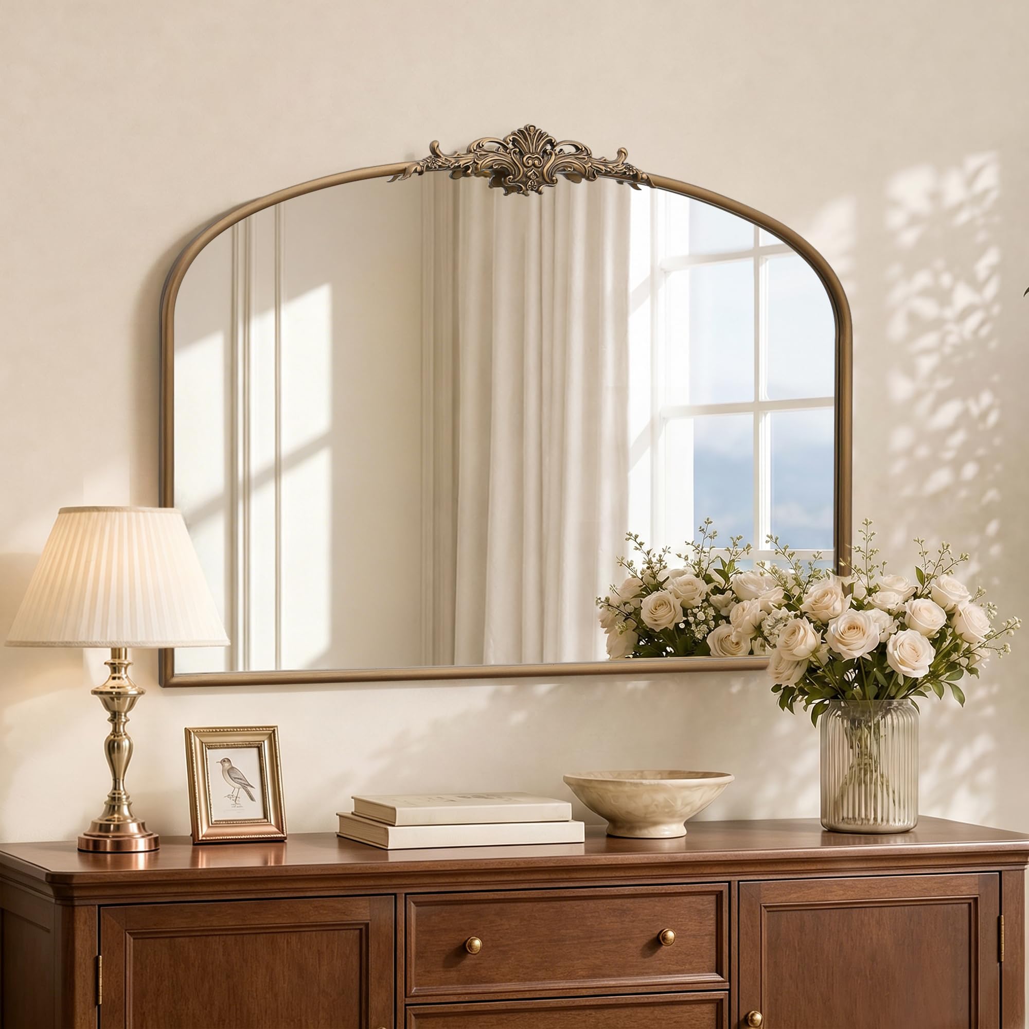 Besdomus Vintage Arched Black Mirror: 32"x24" French Large Black Vintage Wall Mirror - Baroque Traditional Ornate for Living Room/Fireplace/Bathroom- Ideal Gifts for Housewarming/Birthday