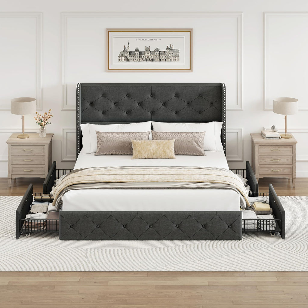 BRELTAM Full Size Bed Frame with Storage Drawers and Wingback Headboard Linen Upholstered Platform Bed Frame Tufted Beds with Heavy Duty Wood Slats, Noise Free, Easy Assembly, Beige