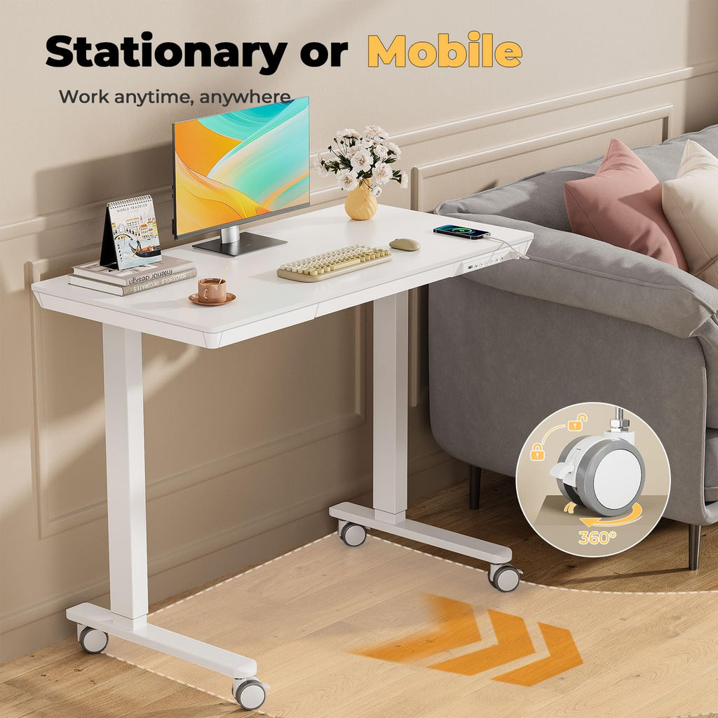 Glass Electric Standing Desk with Drawer, 35" x 20" Whole Piece Tabletop Samll Sit Stand Table, Height Adjustable Workstation with Storage & USB Ports, Quick Install Home Office Desk