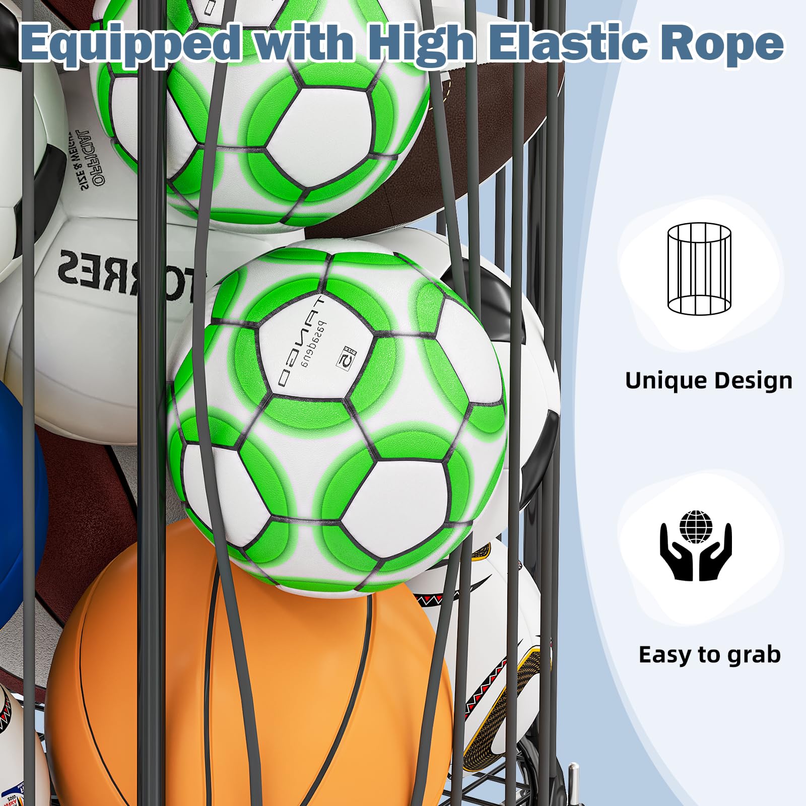 Hencawima Garage Ball Storage: Round Sports Equipment Organizer with Wheels, Sports Ball Rack With Elastic Rope, Ball Holder for Basketball, Soccer, Volleyball, Football, Garage, Gym, Outdoor (Black)