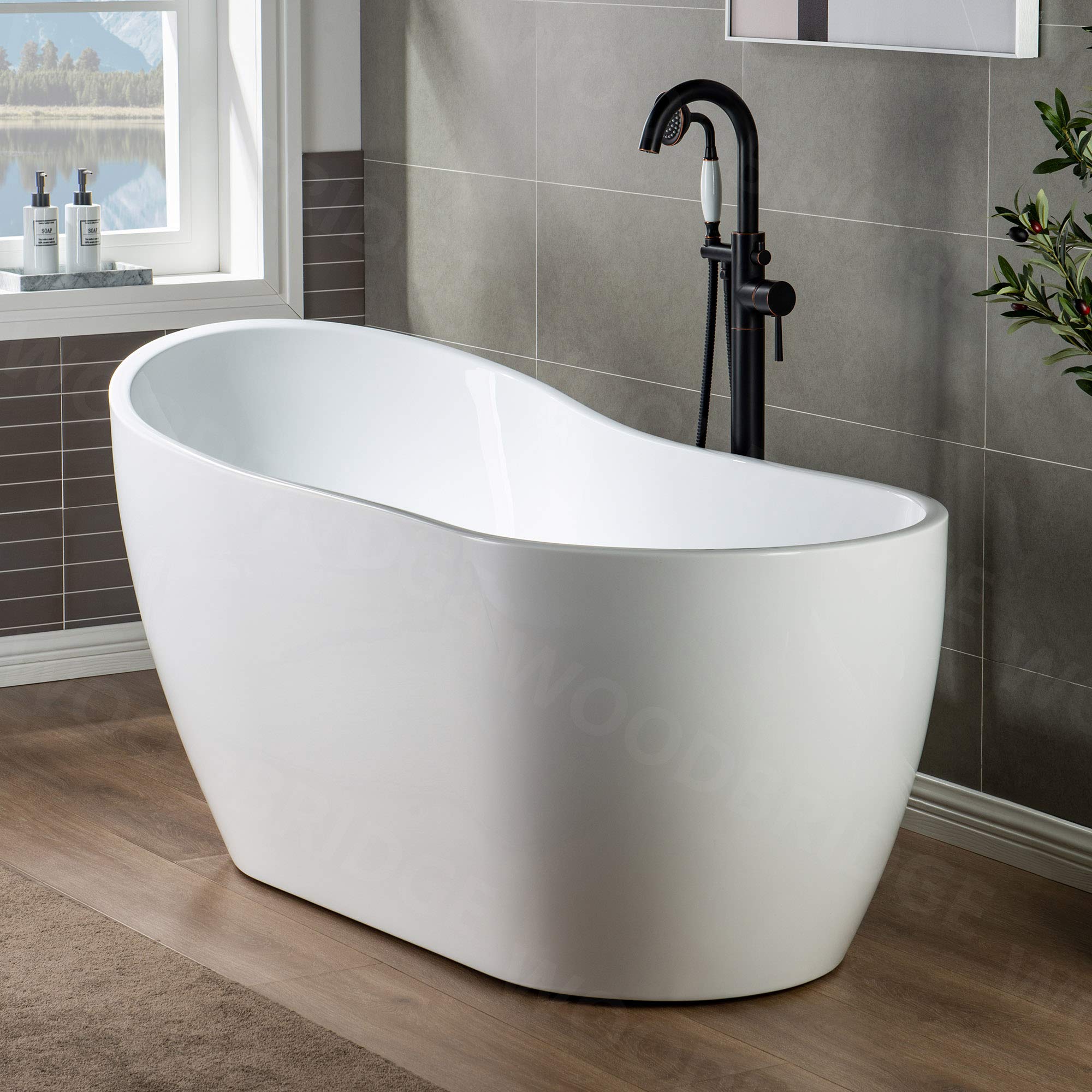 WOODBRIDGE 59" Acrylic Freestanding Bathtub Contemporary Soaking White Tub with Brushed Gold Overflow and Drain， B1530 -BG-Drain &O