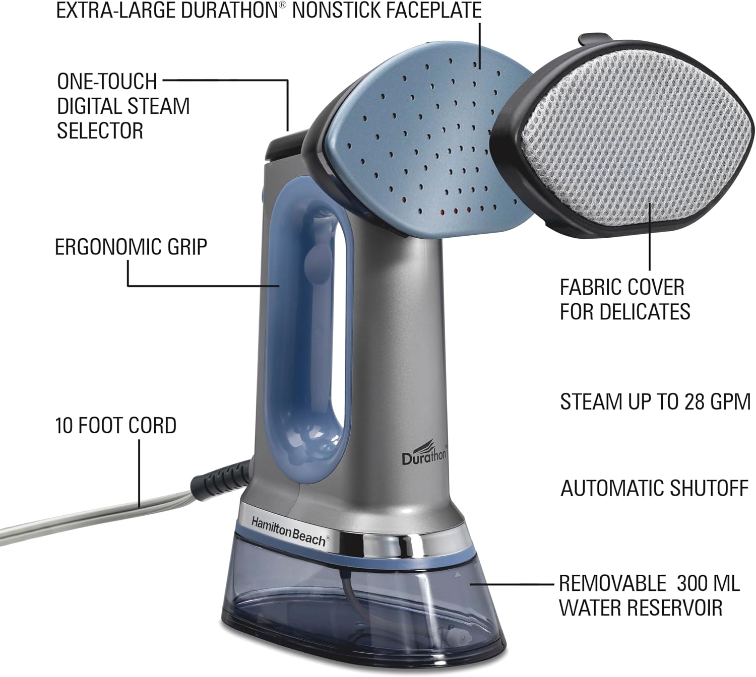 Hamilton Beach Durathon 3-in-1 Travel Steamer for Clothes & Steam Iron | 45 Second Heat-Up with 1700 Watts | 300ml Removable Water Tank | 27 Minutes of Steam | Auto Shutoff | Gray & Blue | 11559