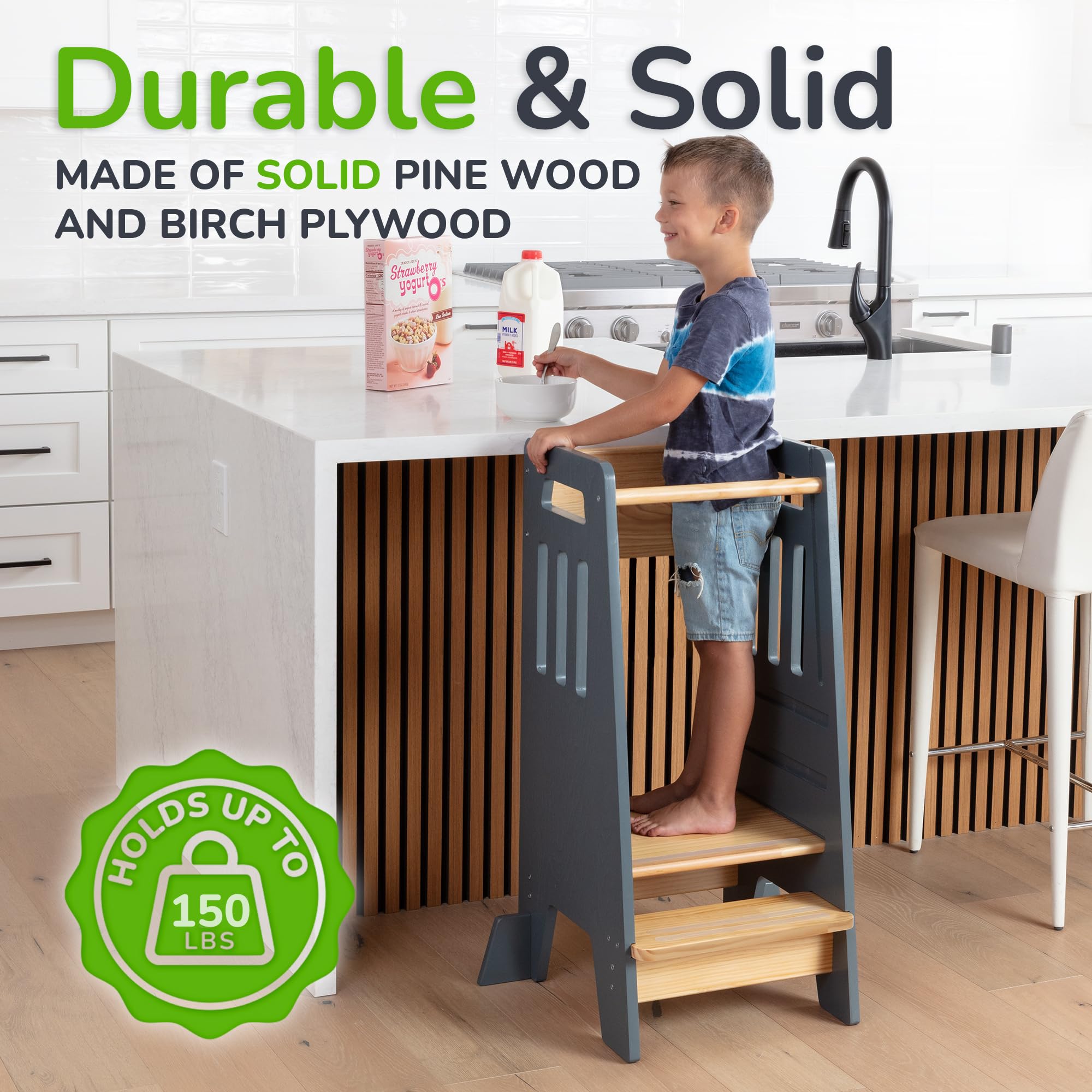 OCODILE Toddler Tower with a Sliding Door and 3 Adjustable Heights - Safe Toddler Kitchen Step Helper with Support Feet - Updated Design for 18+ Months to 6-Year-Old Kids - Gray
